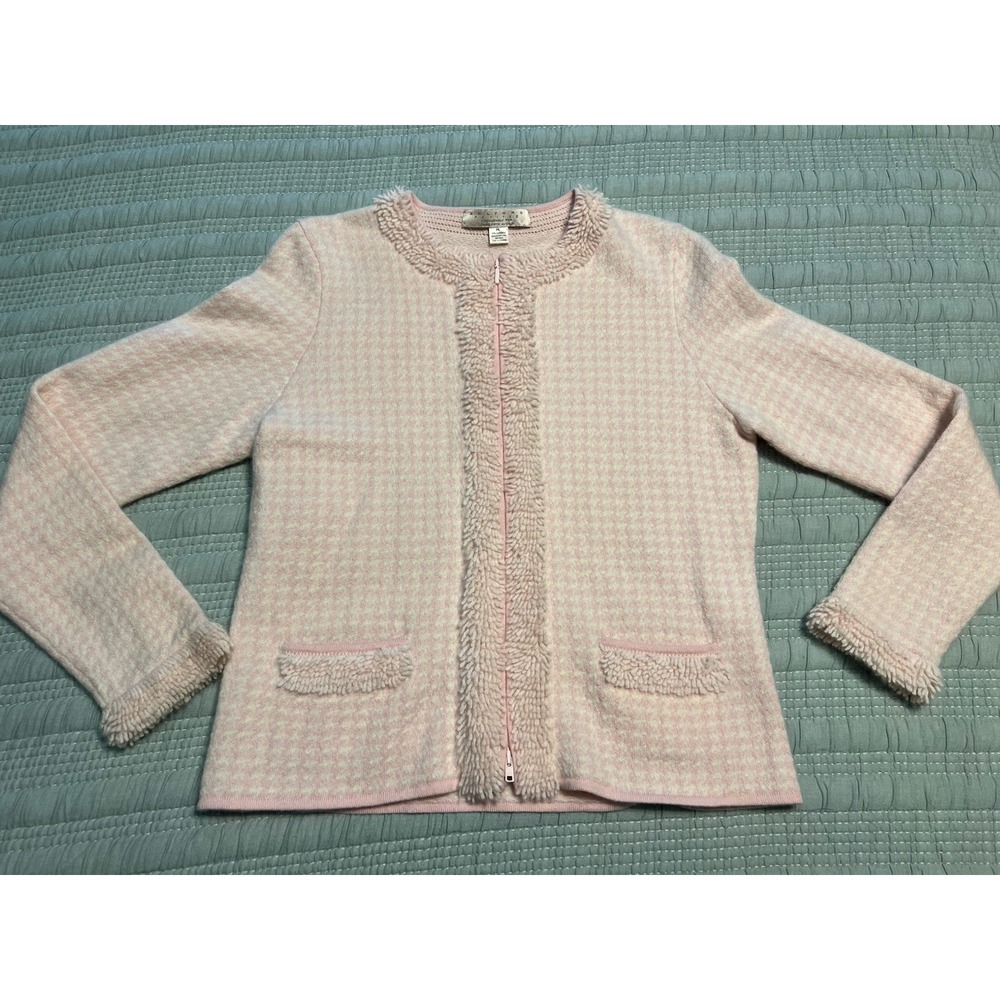 Belford Petites Saks Fifth Avenue 100% Cashmere Pink White Houndstooth Jacket PL